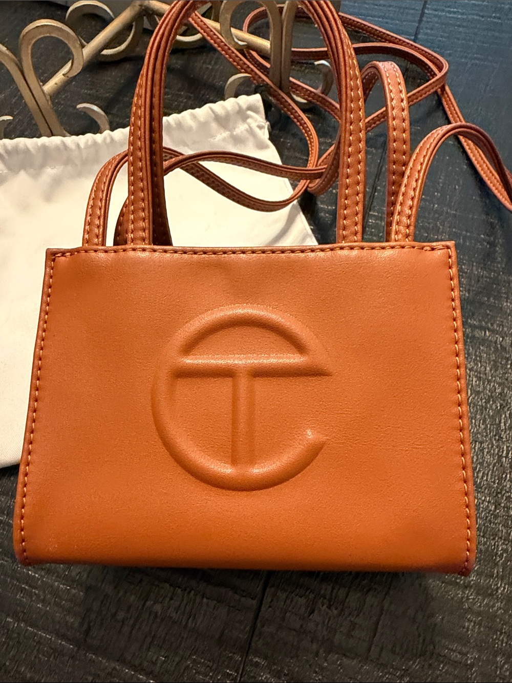 Authentic Telfar Mini Tote in Cognac Brown